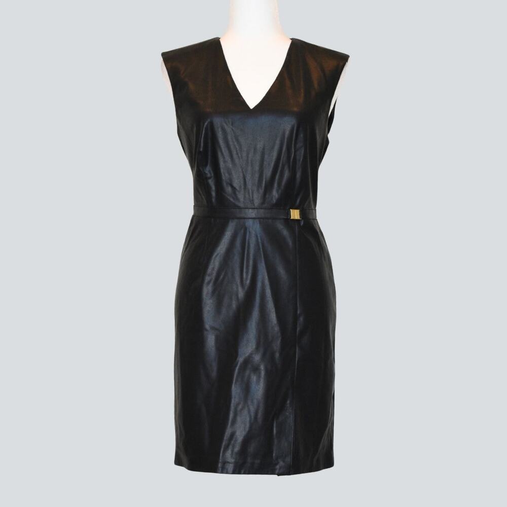 CALVIN KLEIN  Women's Faux Leather Sheath Dress Black Size 6